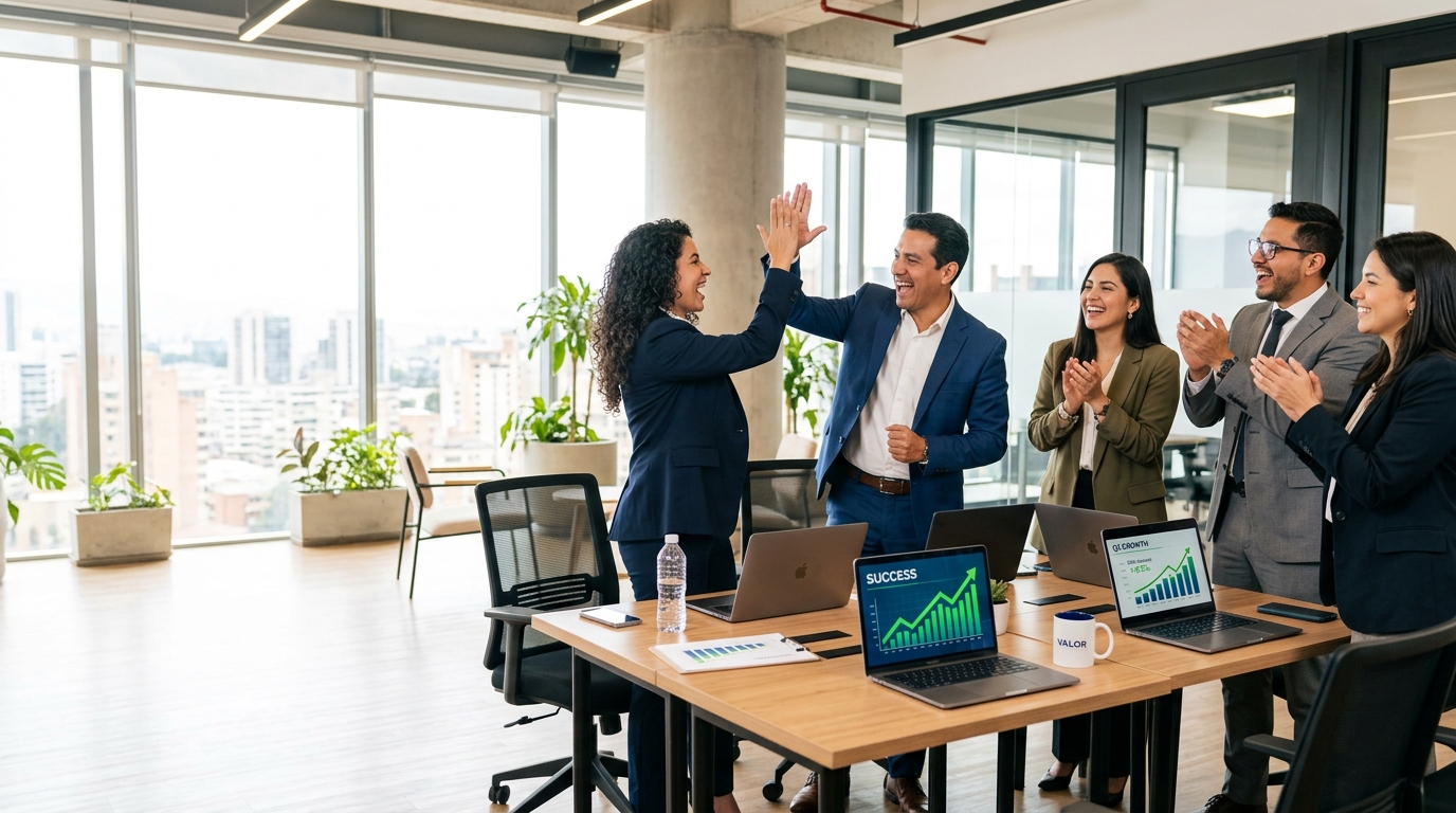 Equipo de especialistas y asesores financieros latinoamericanos celebrando éxito empresarial
